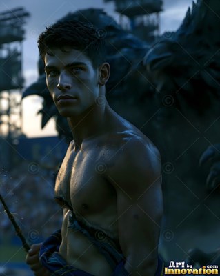 A shirtless young man stands beside a huge dark raven outdoors