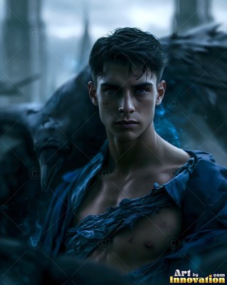 A torn blue uniform shirt reveals a young man standing beside a dark raven in stone ruins