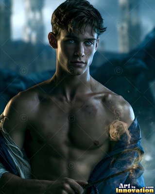 A shirtless young man clasps a small smoking wand under soft blue twilight
