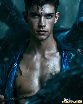 Facing forward in the dark rain, a blue-eyed young man wears a torn blue collared shirt