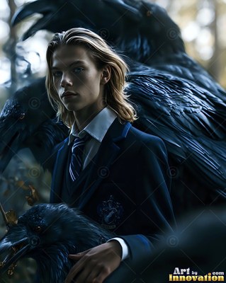 A blond young man in a dark school uniform stands close to two huge black ravens