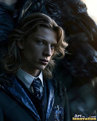In dim light, a blond young man in a blue uniform stands with a raven