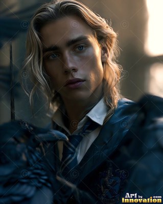 Holding a wand beside a black raven, a blond young man wears a blue robe and tie