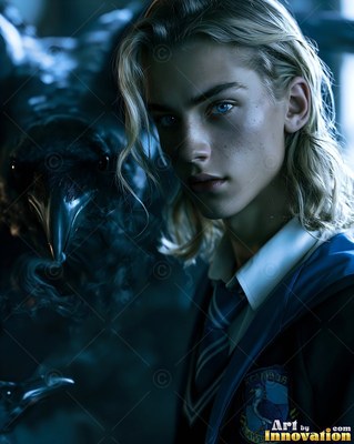 Blond young man in a blue uniform beside a dark raven