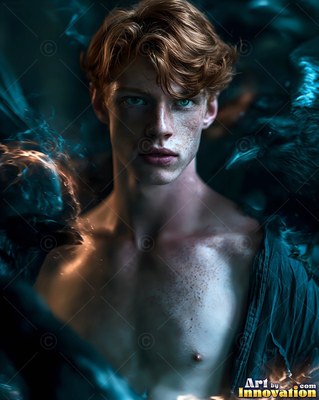 Wavy red hair crowns a freckled young man surrounded by dark ravens in dim blue light