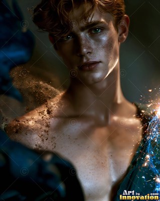 A shirtless young man looks forward as blue sparks fly against the dark shadow