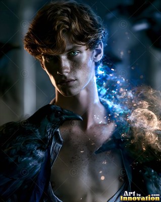 Facing forward indoors, a young man holds a raven on his bare shoulder with blue sparks
