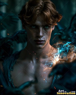 A young man stands in the dark as blue magic sparks across his shoulder