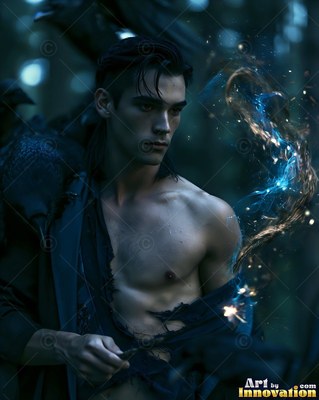 In a dark forest, a shirtless young man holds blue sparks near a raven