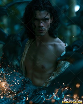 Looking forward with an open robe, a shirtless man stands near a black raven in dim blue light