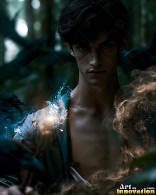 A young man with dark hair holds blue magic in a forest shadow