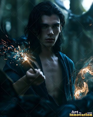 Wearing an open dark shirt, a pale young man has in his hands a sparking wand in a dim forest