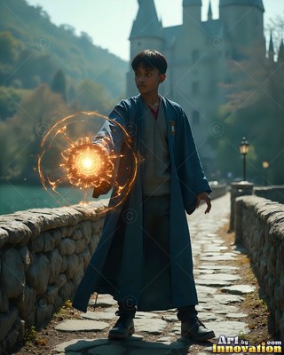 A young man casts a circle of golden light from his hand on a stone bridge