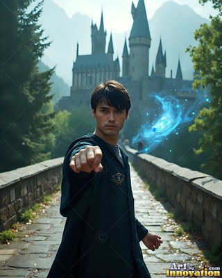 Reaching forward, a young man in a dark robe stands on a stone bridge before a castle