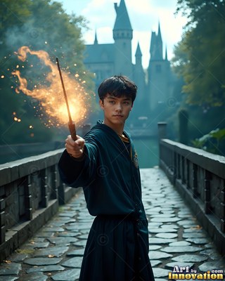 A young man in dark green robes points a sparking wand outside a stone castle