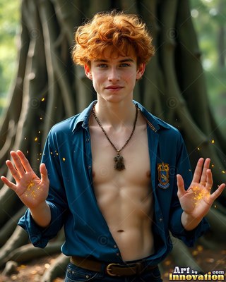 In front of large tree roots, a red-haired man holds up hands with bright yellow sparks