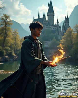 Holding a flaming wand, a young man in dark green robes stands by a river near a castle