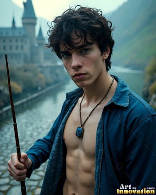 A shirtless young man has in his hands a thin wand before a castle bridge