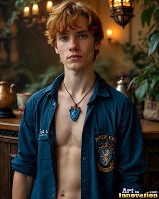 A blue unbuttoned shirt reveals a man with reddish hair standing inside a warm room