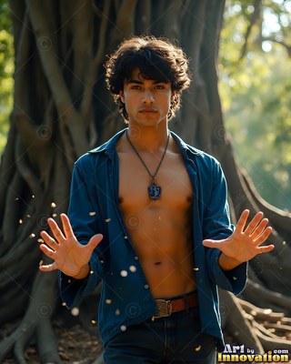 A man holds up his hands outdoors as warm sunlight filters through trees