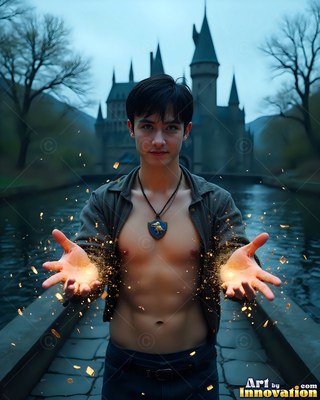 Standing with open palms by a dark castle moat, a young man summons golden sparks