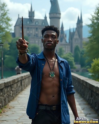 A young Black man points a wand on a stone bridge near a castle