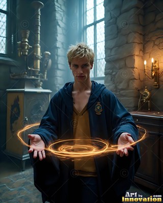 In a stone chamber, a blond man in blue robes holds a ring of bright light between his hands