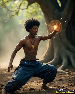 Crouching low in the woods, a barefoot man casts bright light from his open hand
