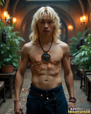 A blond shirtless man standing in a hallway with sparks on his chest