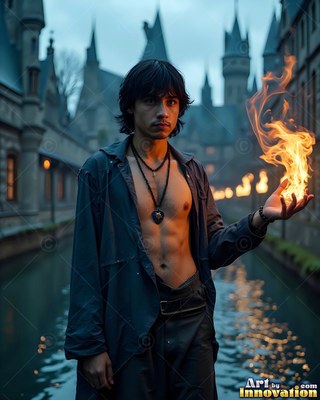 In an unbuttoned dark shirt, a man holds a fire flame by a castle canal