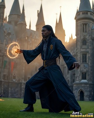 A man in dark robes casts a ring of sparks under pale afternoon light
