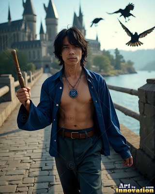 A shirtless young man clasps a wooden wand outside a castle as black birds fly overhead