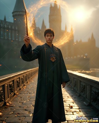 On a castle bridge, a man in dark robes raises a wand encircled by bright fire