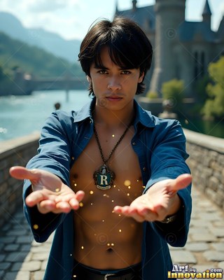 Holding his hands out, a young man wears a clear blue shirt near a stone castle bridge