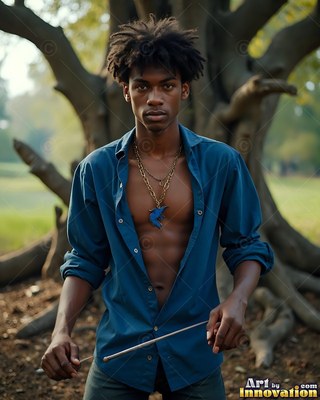 A man in an unbuttoned blue button-up shirt holds a wand outdoors