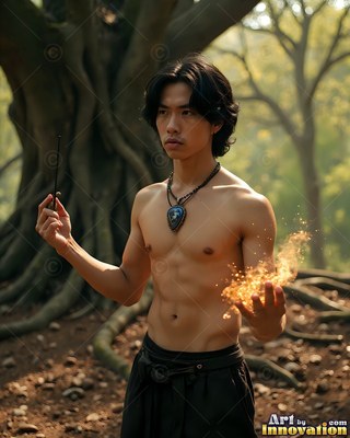 A shirtless man with a dark stone necklace conjures sparks in a hazy forest