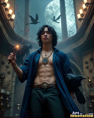 A man raises a sparkling wand with ravens flying under a pale moonlit skylight
