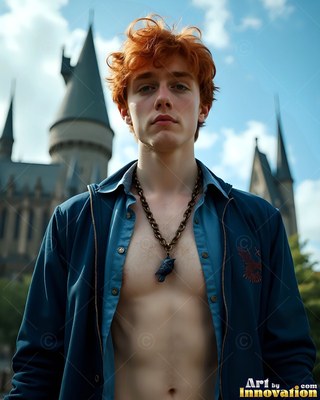 A red-haired man with an unbuttoned blue shirt stands outside a stone castle