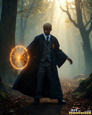 In a misty forest, a young man in black school robes casts a circle of bright sparks