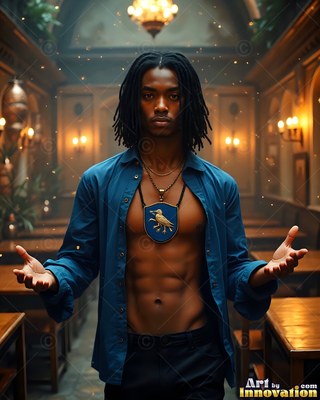 Holding his hands open, a man in an unbuttoned blue collared shirt stands in a candlelit hall