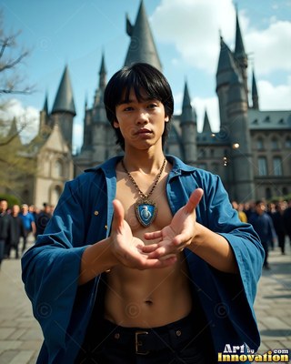 A young man in a clear blue robe cups his hands outside a stone castle