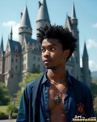 A dark blue open shirt on a young man standing in front of a tall stone castle