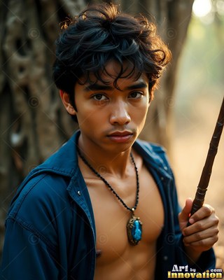 Facing forward in woods, a young man has in his hands a staff in a plain blue collared shirt
