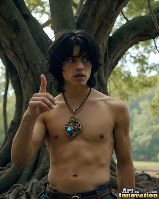 A shirtless young man with bright blue eyes raises one finger in a forest