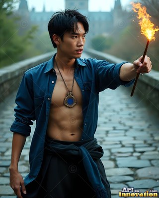 On a stone bridge, an unbuttoned man in blue holds out a burning wooden wand
