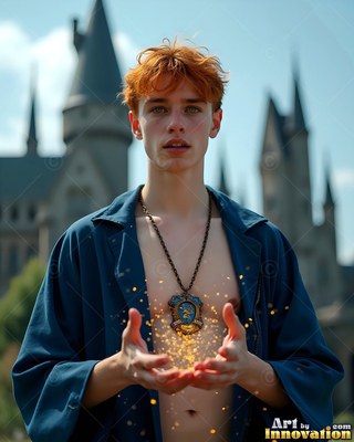 Holding out cupped hands, a red-haired man in a blue robe makes bright sparks before a castle