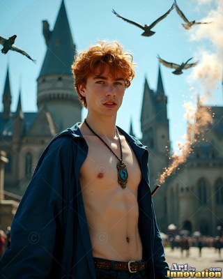 A shirtless young man in a blue robe outside a castle