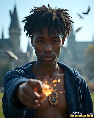 Short dreadlocks frame a young Black man holding bright sparks near a castle