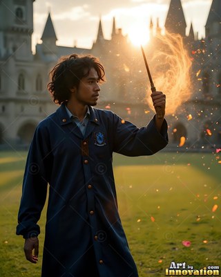 A young man raises a wand casting fire, backlit by golden sunlight before a castle