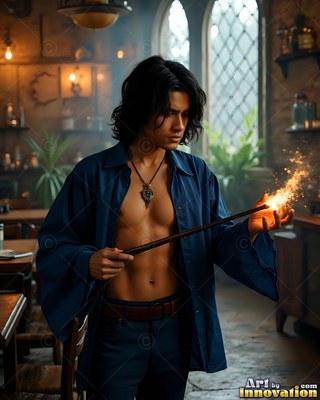 A shirtless man in a pale blue shirt holds a wand with sparks flying from the tip